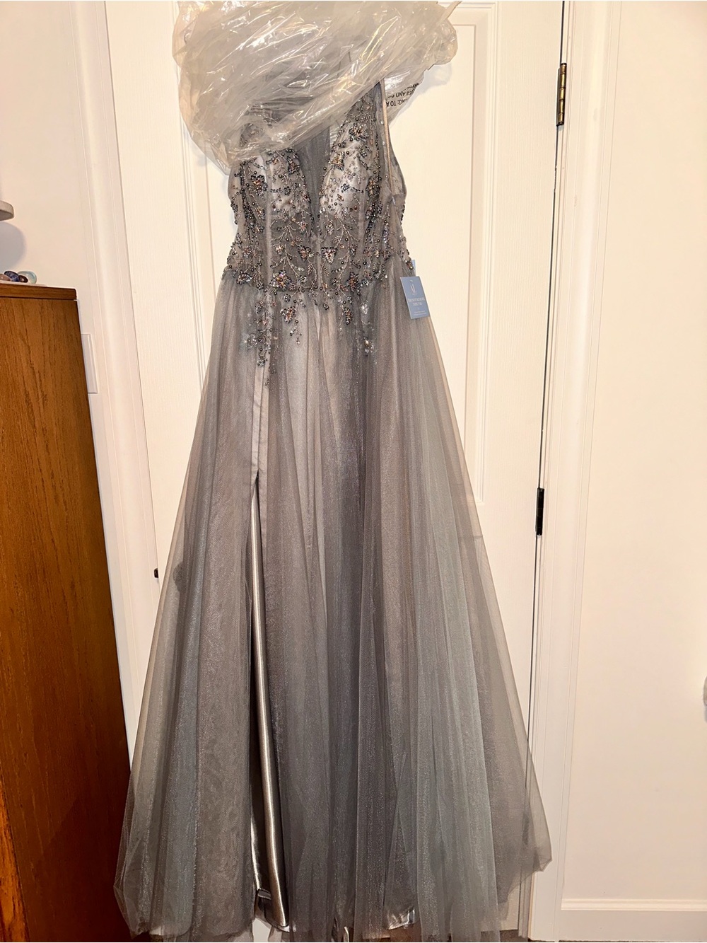 Andrea and Leo Smokey Blue Beaded Tulle Ball Gown